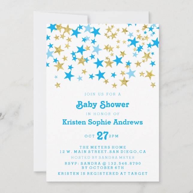 Blå och Guld Stars Baby Shower Sprinkle Inbjudningar (Framsida)