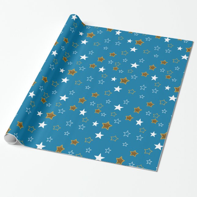 Blå och Guld Stars Gift Wrap Presentpapper (Utrullad)