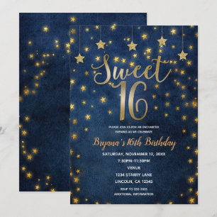Blå och Guld Stjärnor Celestiala Himmel Sweet 16 F Inbjudningar