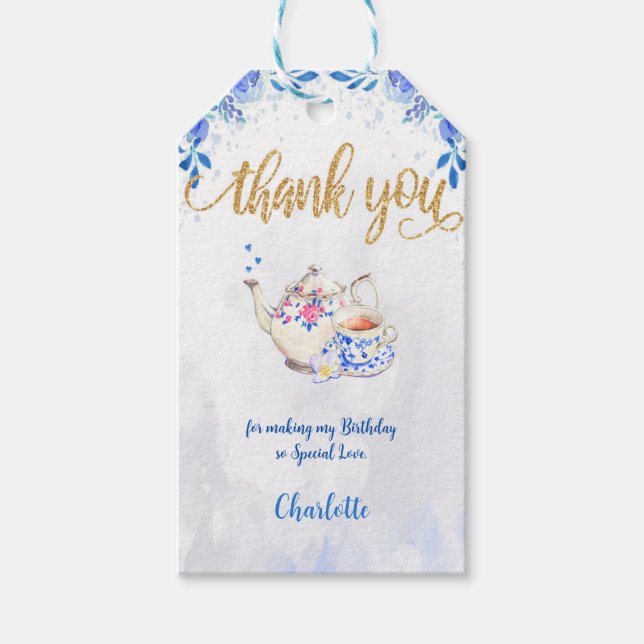 Blå och Guld Tea Party Gift-Märkre Presentetikett (Framsidan)