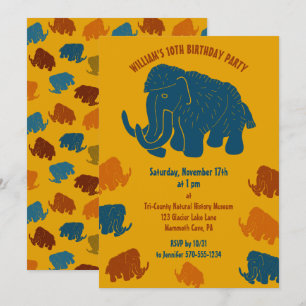 Blå och Guld Tecknad Wooly Mammoth Födelsedagsfest Inbjudningar