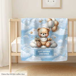 Blå och guld teddyfilt för baby födelsedag fleecefilt