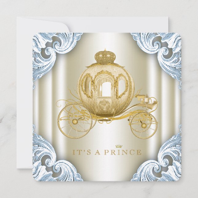 Blå och guld vagn prins baby shower inbjudningar (Framsida)
