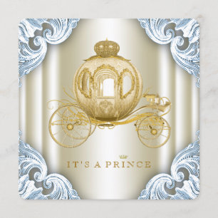 Blå och guld vagn prins baby shower inbjudningar