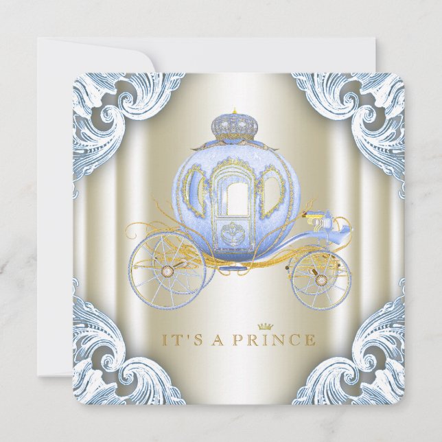 Blå och guld vagn prins baby shower inbjudningar (Framsida)