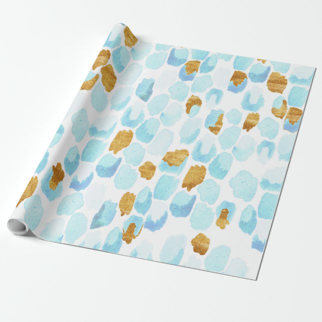 Blå och guld vattenfärg och målad prickmönster presentpapper (Utrullad)