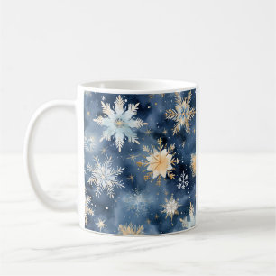 Blå och guld vattenfärgad snöflinga kaffemugg
