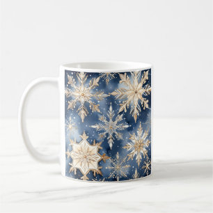 Blå och guld vattenfärgad snöflinga kaffemugg