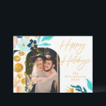 Blå- och Guld-vattenfärgsblommor | 1 FotoElegant Julkort<br><div class="desc">Boho Teal Blue and Guld Watercolor Blommigt Photo Helgdag Card</div>