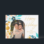 Blå- och Guld-vattenfärgsblommor | 1 FotoElegant Julkort<br><div class="desc">Boho Teal Blue and Guld Watercolor Blommigt Photo Helgdag Card</div>