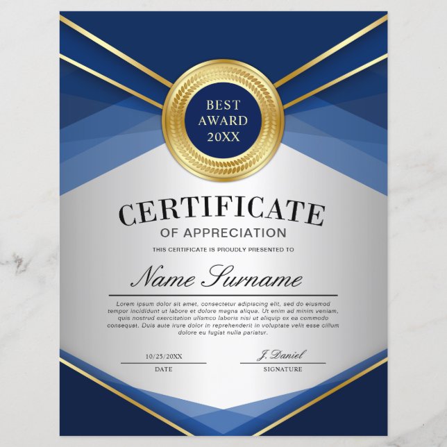 Blå och guld vertikal gåvobrev  (Framsida)