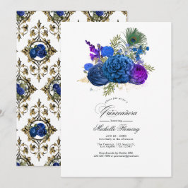 Blå och guld vintage påfågel blomsterlig Quinceañe Inbjudningar