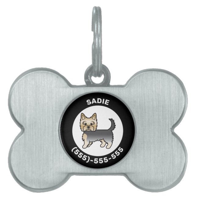 Blå Och Guld Yorkshire Terrier Med Namn & Nummer ID-bricka Husdjur (Framsidan)