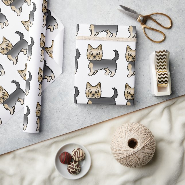 Blå Och Guld Yorkshire Terrier Söt Hundmönster Presentpapper (Hantverk)