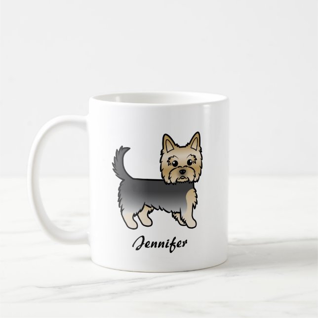 Blå Och Guld Yorkshire Terrier Tecknad Hund & Namn Kaffemugg (Vänster)