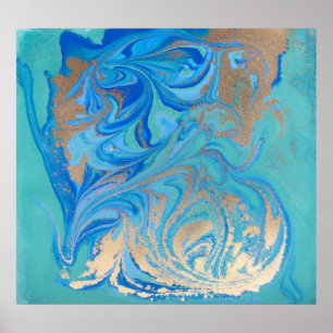 Blå och guldflytande struktur poster