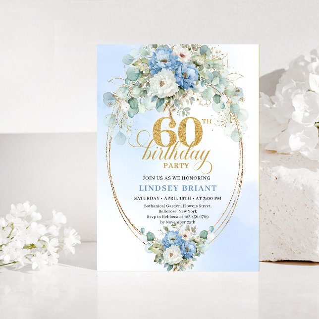 Blå och guldgrönska 60-års födelsedagsinbjudan inbjudningar (Blue and Gold Greenery 60th Birthday Invitation)