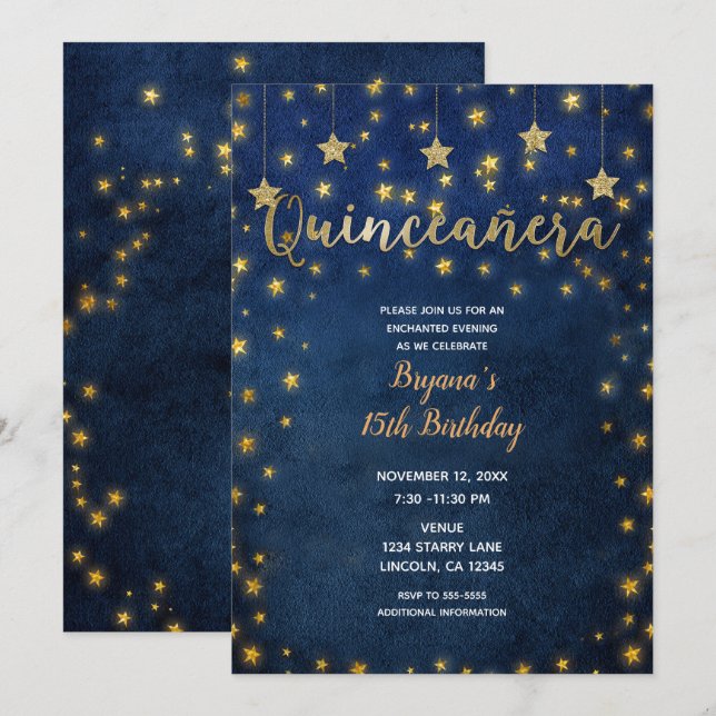 Blå och guldstjärnor Celestial himlen Quinceañera- Inbjudningar (Fram/baksida)