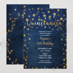 Blå och guldstjärnor Celestial himlen Quinceañera- Inbjudningar