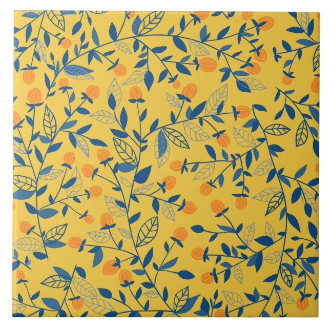 Blå och gult av doodle-blommor kakelplatta (Framsidan)