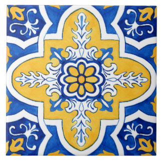 Blå och Gult Azulejo Stil Ceramic Tile. Kakelplatta