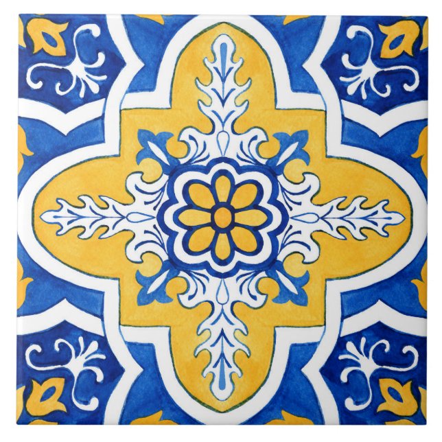 Blå och Gult Azulejo Stil Ceramic Tile. Kakelplatta (Framsidan)