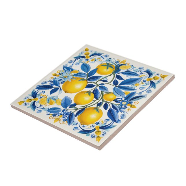 💛 Blå och gult Azulejos med citroner Kakelplatta (Sidan)