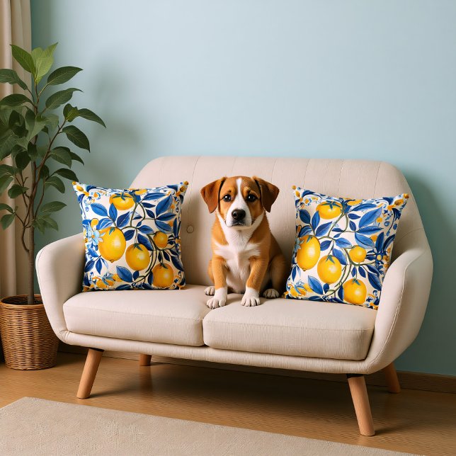 💛 Blå och gult Azulejos med citroner Kudde (Blue and yellow Azulejos with lemons Throw Pillow)