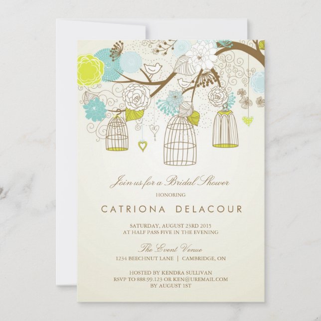 BLÅ OCH GULT BIRDCAGES INBJUDNINGSKORT FÖR MÖHIPPA (Framsida)