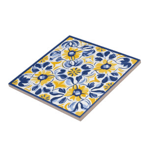 💛 Blå och gult, blommigt Azulejos Kakelplatta