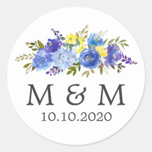 Blå och Gult Blommigt Bröllop Classic Monogram Runt Klistermärke