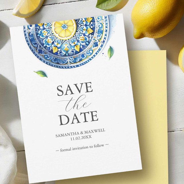 Blå och Gult Bröllop spara datum Spara Datumet (Blue and yellow wedding save the date invitation card non photo.)