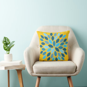 Blå och Gult Chrysanthemum-Blommigt Kudde