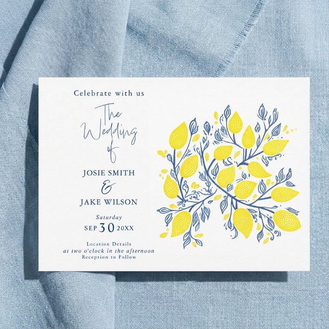 Blå och gult citroner bröllop inbjudningar (Blue and yellow lemon vines wedding invitation.)