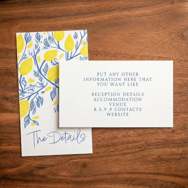 Blå och gult citroner bröllop tilläggskort (Blue and yellow lemon vines wedding the details enclosure card.)