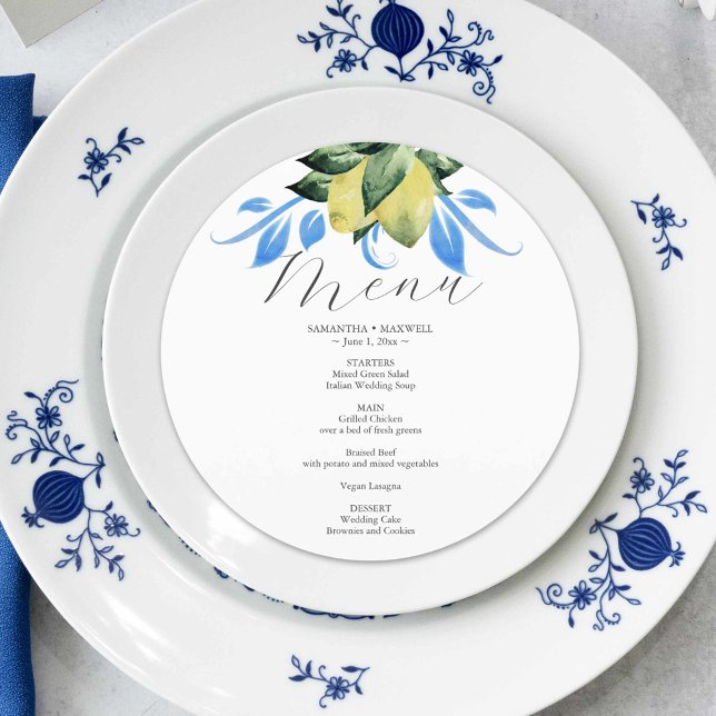 Blå och Gult citroner för menykort i bröllop Meny (Wedding menu card blue and yellow lemons and botanicals by Victoria Grigaliunas of Do Tell A Belle)