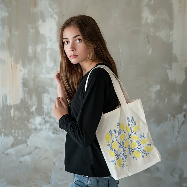Blå och gult citroner till påse tygkasse (Refreshing charm of nature Blue and Yellow Lemon Vines Tote Bag.)