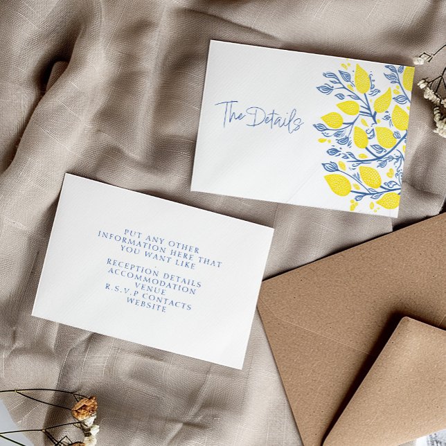 Blå och gult citroner tilläggskort (Refreshing Blue and Yellow Lemon Vines "The Details" Wedding Enclosure Card.)