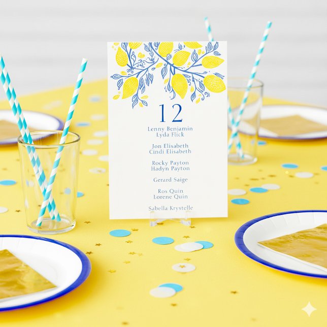 Blå och gult citronviner bord Sittdiagram Inbjudningar (Bright and colorful, yellow lemons, blue vines table number name chart card.)