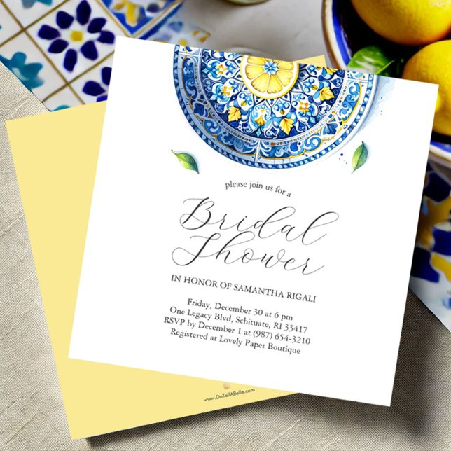 Blå och Gult Citrus Inbjudningskort för möhippa (Lemon themed bridal shower invitations blue and yellow watercolor)