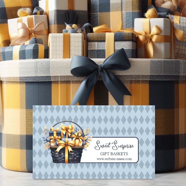 Blå och Gult Gift Basket Visitkort (Promote your gift basket business with this elegant blue and yellow business card.)