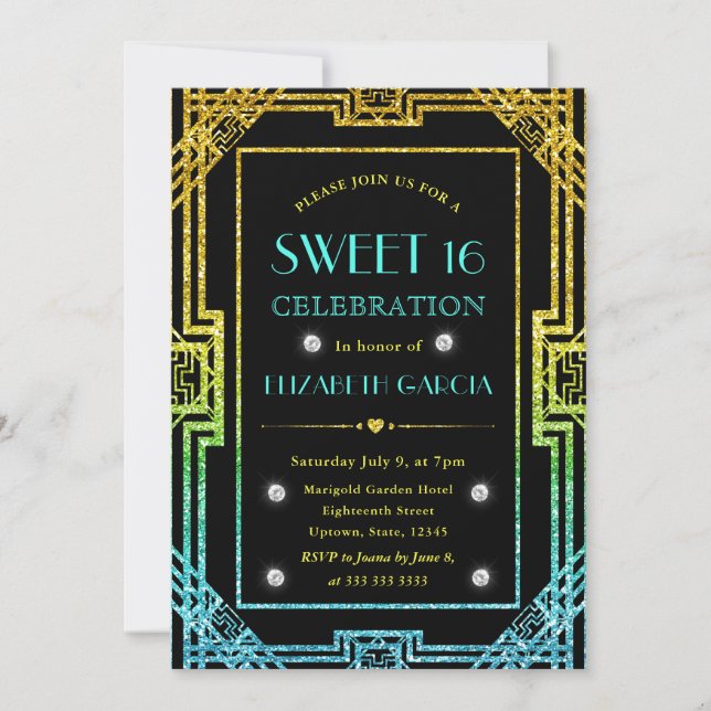 Blå och Gult Glitter Art Deco Ram Sweet 16 Inbjudningar (Framsida)