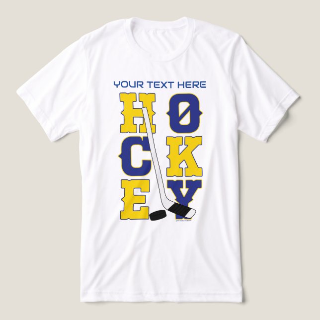 Blå och Gult Hockey Sports Spirit Bära T Shirt (Design Framsida)