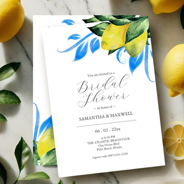Blå och Gult Inbjudningskort för möhippa (Bridal shower invitations watercolor lemons by Victoria Grigaliunas of Do Tell A Belle)