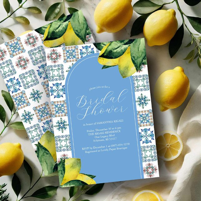 Blå och Gult italienska Inbjudningskort för möhipp (Amalfi coast bridal shower invitations blue and yellow lemon theme by Victoria Grigaliunas)