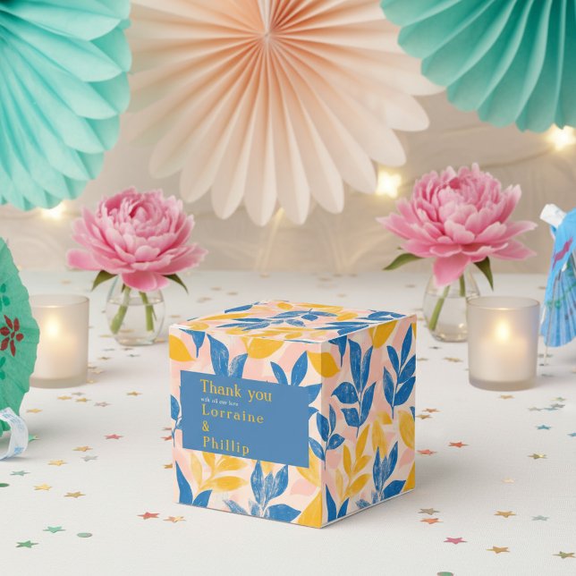 Blå och Gult Leafy Botanical Bröllop tack. Presentaskar (Blue and Yellow Leafy Botanical Wedding thank you Favor Boxes.)