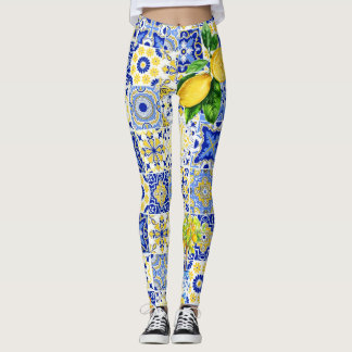 Blå och Gult Lemon Tile Dolce Mönster Leggings