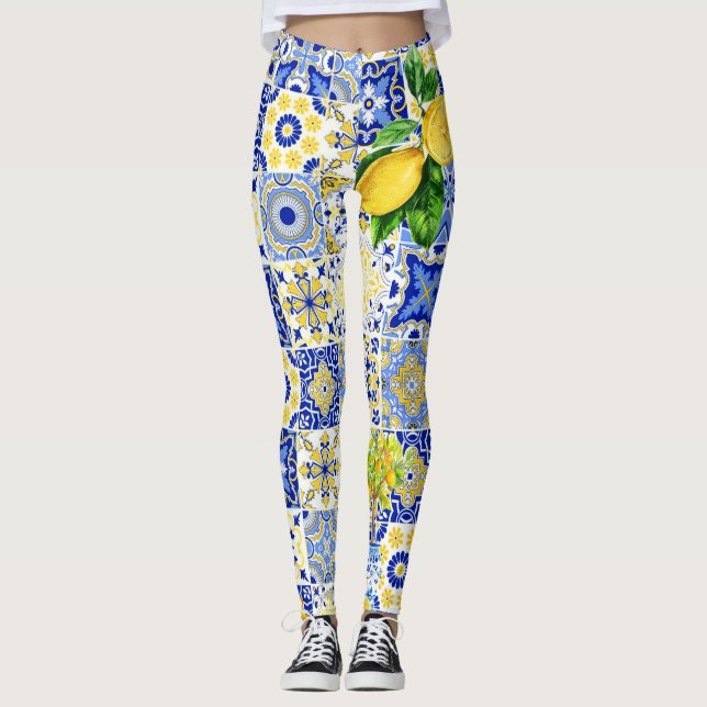 Blå och Gult Lemon Tile Dolce Mönster Leggings (Framsida)