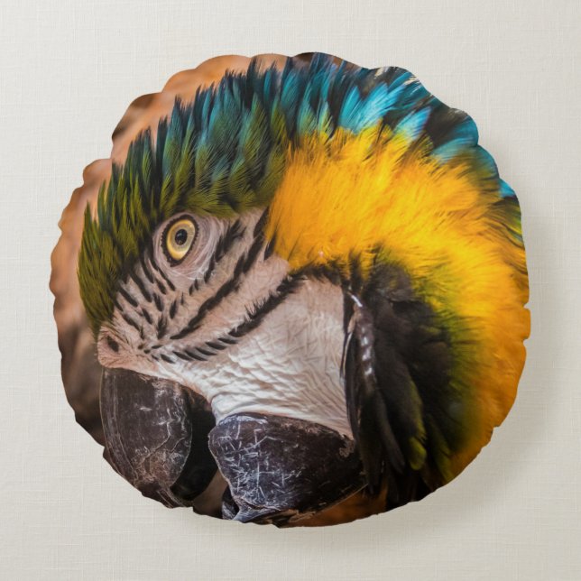 Blå och gult macaw porträtt rund kudde (Framsidan)