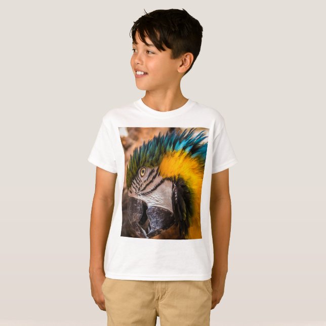 Blå och gult macaw porträtt t shirt (Hel framsida)